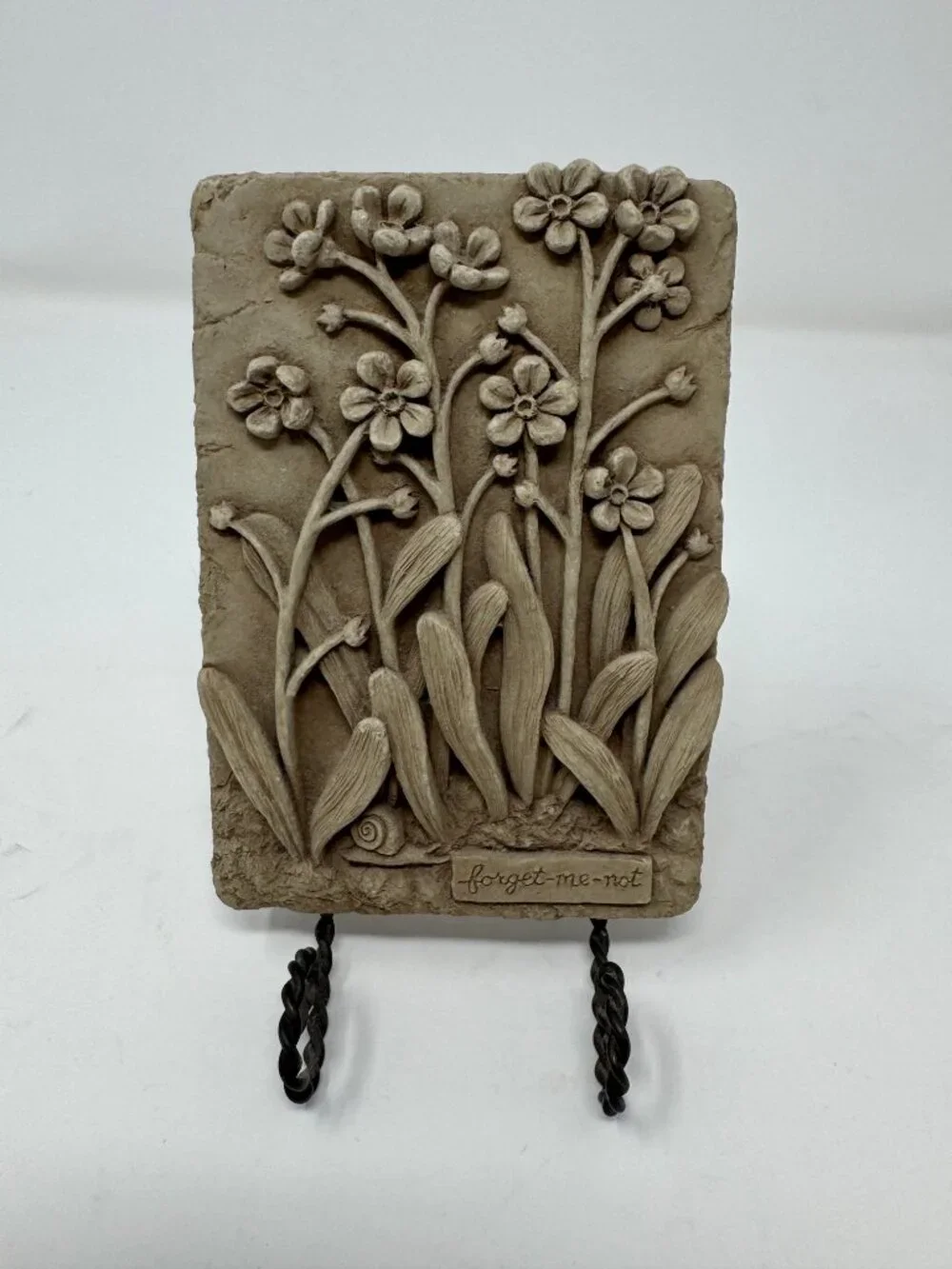 Forget-Me-Not Botanical Cast Stone Wall Plaque Snail With Metal Stand